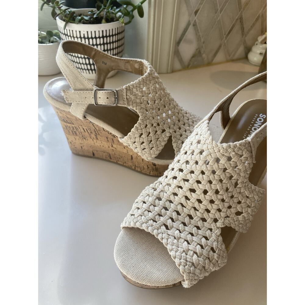 New! Sonoma Womens Beige Open Toe Wedge Heel Buckled Slingback Sandals Size 8